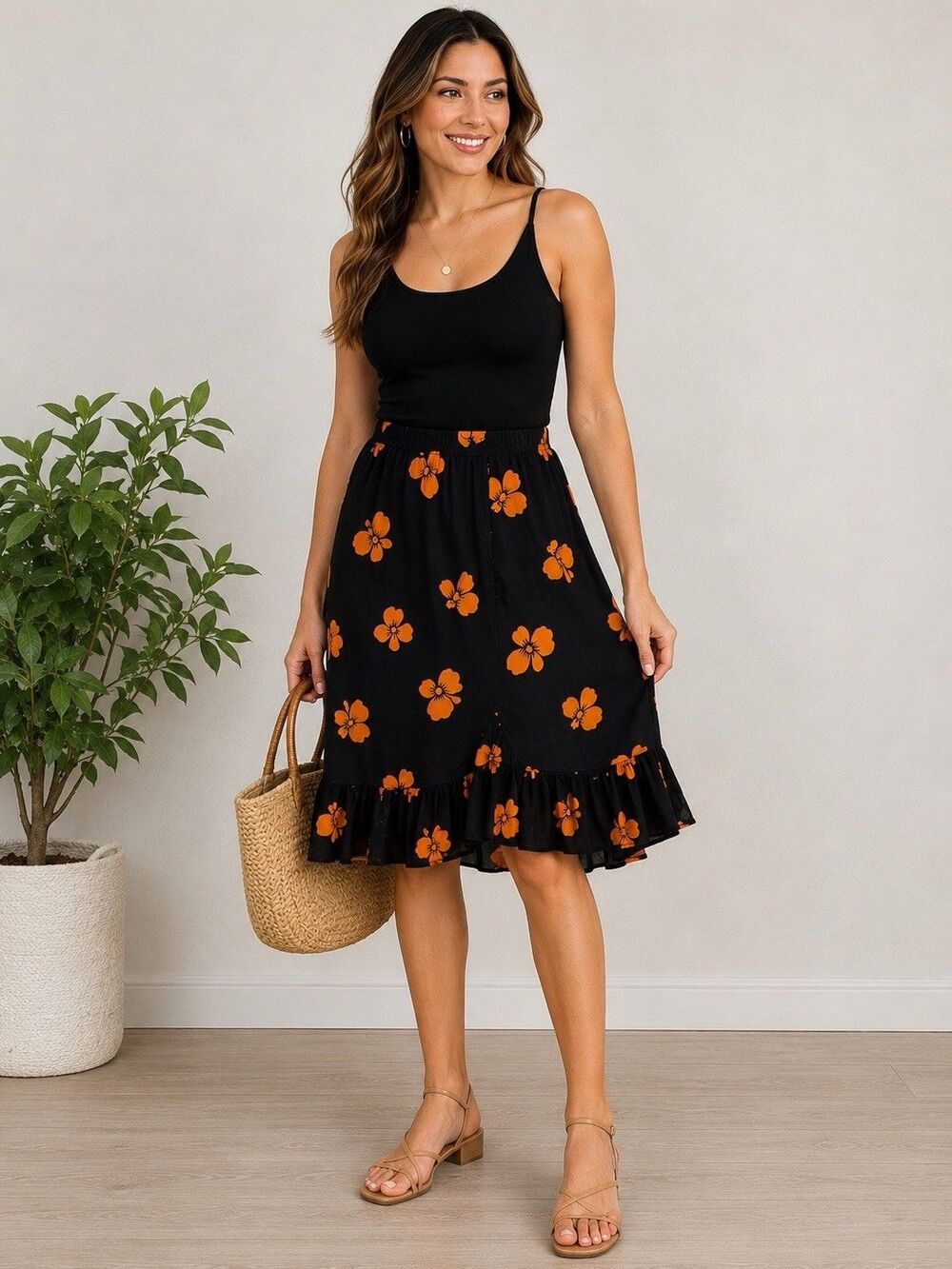 Women's Black Orange Floral Ruffle Hem Midi Skirt Elastic Waist Boho Size M